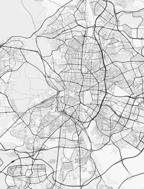 Madrid Şehir Haritası. Baskı, duvar kâğıdı, ev ve ofis dekorasyonu için minimalist siyah beyaz çizgili sanat posteri