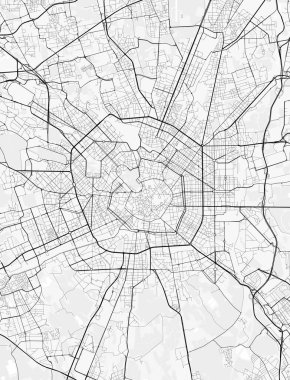 Milan Şehir Haritası. Baskı, duvar kâğıdı, ev ve ofis dekorasyonu için minimalist siyah beyaz çizgili sanat posteri