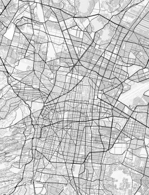 Mexico City Haritası. Baskı, duvar kâğıdı, ev ve ofis dekorasyonu için minimalist siyah beyaz çizgili sanat posteri