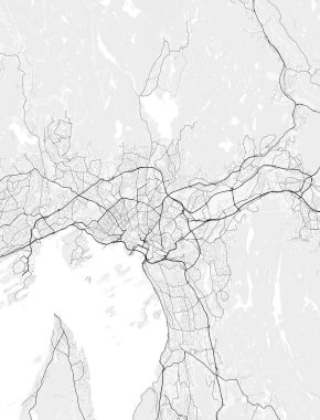 Oslo, Norveç. Posterler, baskılar, duvar kağıtları ve ev dekorasyonu için mükemmel. İlgili yerler, yollar, paralı yollar, nehirler, dağlar, parklar vs. hakkında bilgi içerir