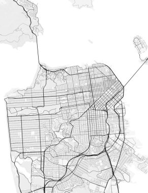 San Francisco, Amerika Birleşik Devletleri. Posterler, baskılar, duvar kağıtları ve ev dekorasyonu için mükemmel. İlgili yerler, yollar, paralı yollar, nehirler, dağlar, parklar vs. hakkında bilgi içerir