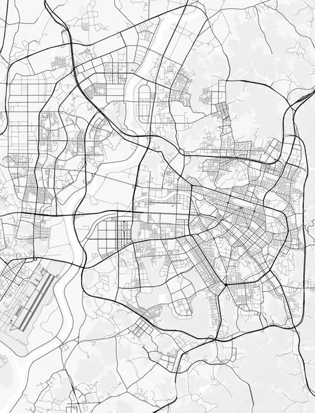 Gwangju Şehir Haritası. Baskı, duvar kâğıdı, ev ve ofis dekorasyonu için minimalist siyah beyaz çizgili sanat posteri