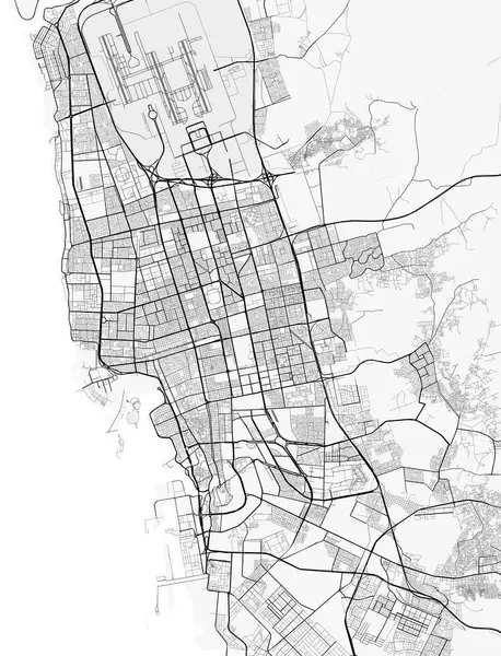 Jeddah Şehir Haritası. Baskı, duvar kâğıdı, ev ve ofis dekorasyonu için minimalist siyah beyaz çizgili sanat posteri