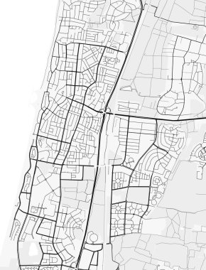Netanya Şehir Haritası. Baskı, duvar kâğıdı, ev ve ofis dekorasyonu için minimalist siyah beyaz çizgili sanat posteri