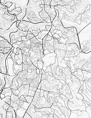 Kudüs Şehir Haritası. Baskı, duvar kâğıdı, ev ve ofis dekorasyonu için minimalist siyah beyaz çizgili sanat posteri