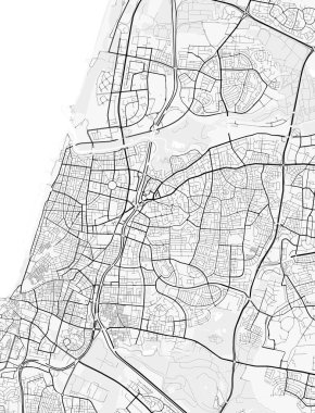Tel Aviv Şehir Haritası. Baskı, duvar kâğıdı, ev ve ofis dekorasyonu için minimalist siyah beyaz çizgili sanat posteri