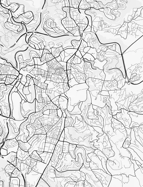Kudüs Şehir Haritası. Baskı, duvar kâğıdı, ev ve ofis dekorasyonu için minimalist siyah beyaz çizgili sanat posteri