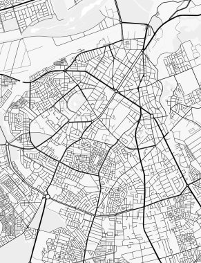 Fez Şehir Haritası. Baskı, duvar kâğıdı, ev ve ofis dekorasyonu için minimalist siyah beyaz çizgili sanat posteri