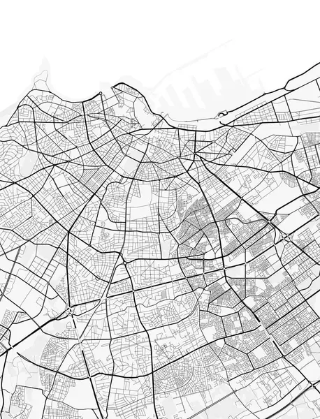 Casablanca Şehir Haritası. Baskı, duvar kâğıdı, ev ve ofis dekorasyonu için minimalist siyah beyaz çizgili sanat posteri