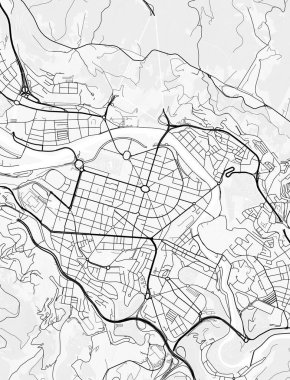 Bilbao Şehir Haritası. Baskı, duvar kâğıdı, ev ve ofis dekorasyonu için minimalist siyah beyaz çizgili sanat posteri