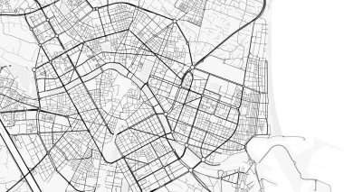 Valencia Şehir Haritası. Baskı, duvar kâğıdı, ev ve ofis dekorasyonu için minimalist siyah beyaz çizgili sanat posteri