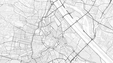 Viyana Şehir Haritası. Baskı, duvar kâğıdı, ev ve ofis dekorasyonu için minimalist siyah beyaz çizgili sanat posteri