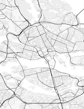 Stockholm Şehir Haritası. Baskı, duvar kâğıdı, ev ve ofis dekorasyonu için minimalist siyah beyaz çizgili sanat posteri