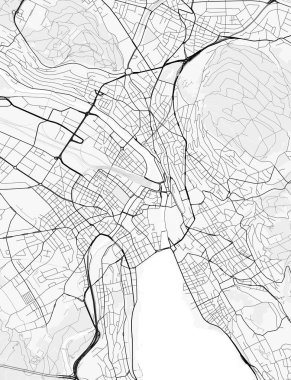 Zürih Şehir Haritası. Baskı, duvar kâğıdı, ev ve ofis dekorasyonu için minimalist siyah beyaz çizgili sanat posteri