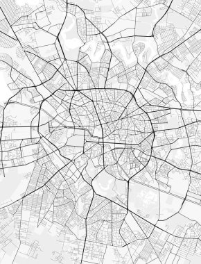 Bükreş Şehir Haritası. Baskı, duvar kâğıdı, ev ve ofis dekorasyonu için minimalist siyah beyaz çizgili sanat posteri