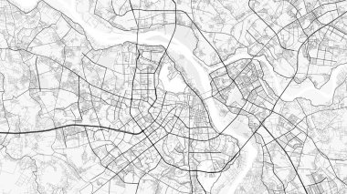 Hanoi Şehir Haritası. Baskı, duvar kâğıdı, ev ve ofis dekorasyonu için minimalist siyah beyaz çizgili sanat posteri