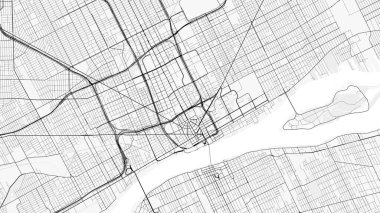 Detroit Şehir Haritası. Baskı, duvar kâğıdı, ev ve ofis dekorasyonu için minimalist siyah beyaz çizgili sanat posteri