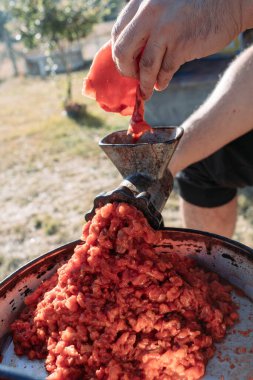 Kızarmış kırmızı biber kıyma, kırmızı biber, ayvar hazırlamak için. Geleneksel Balkan yemekleri