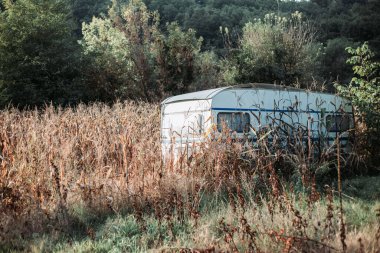 Öğleden sonra ışığında mısır tarlasında kamp karavanı. Sonbahar titreşimleri