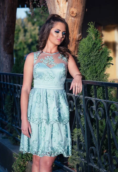 Portrait Young Teen Girl Blue Lace Dress Ready Her Prom — Stock Fotó