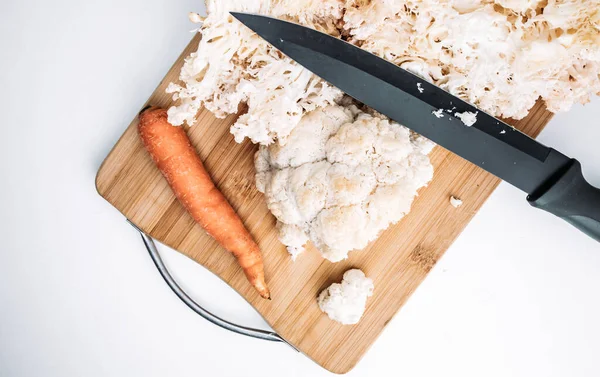 Hericium erinaceus or Lions mane mushroom with a knife and carrot. Medical mushroom concept