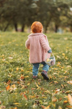 Bebek kızıl, kızıl saçlı, parkta yürüyen, sepetle oynayan.