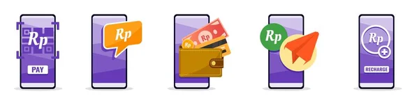 Services Bancaires Mobiles Ligne Avec Rupiah Indonésien Sur Téléphone — Image vectorielle