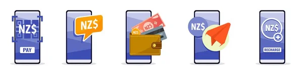 Services Bancaires Mobiles Ligne Avec Dollar Néo Zélandais Sur Téléphone — Image vectorielle