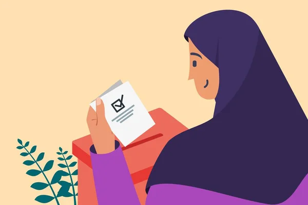 微笑穆斯林妇女把选票放进地区大选或总统选举的投票箱 — 图库矢量图片