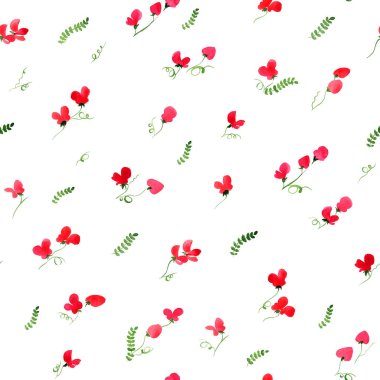 Watercolor flower seamless pattern in decorative style on bright colors. Red peas, green leaves, white background. Hand-drawn design for background, fabric, textile, wrap, surface and print design