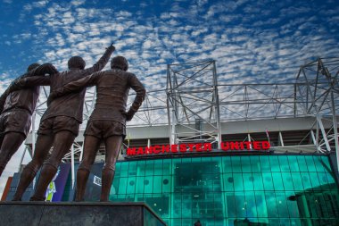 Old Trafford, Manchester UK - September 26 2022: Shots of Old Trafford football ground home to Manchester United football club. MUFC. Shots show the red lettering of the club