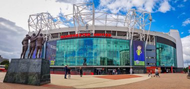 Old Trafford, Manchester UK - September 26 2022: Shots of Old Trafford football ground home to Manchester United football club. MUFC. Shots show the red lettering of the club