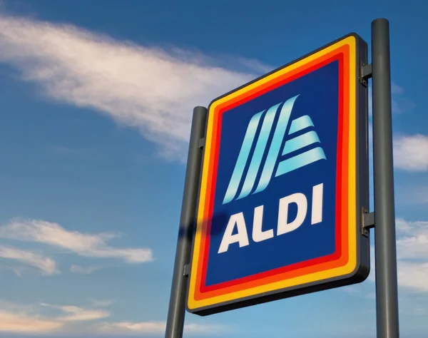 London, England - April 21, 2022: Aldi grocery store sign. Aldi is is a global discount supermarket chain