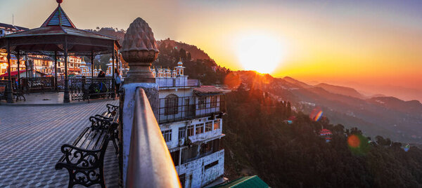 Serene Gazebo at Sunrise Overlooking Valley Cityscape  Mussoorie, Uttarakhand, India