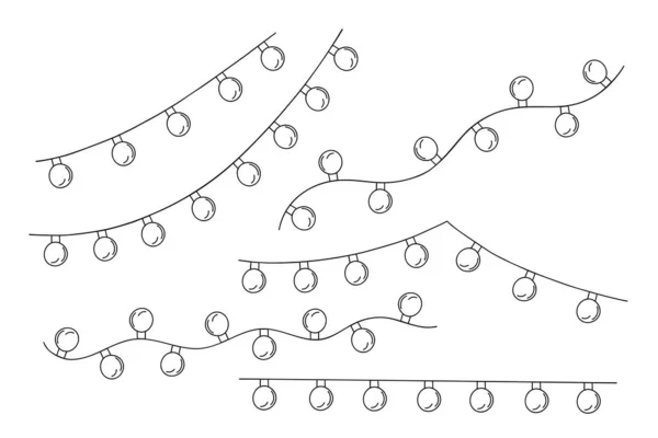 Lampe Noël Lumières Guirlandes Ficelle Bouclée Ensemble Illustration Vectorielle Dessinée — Image vectorielle