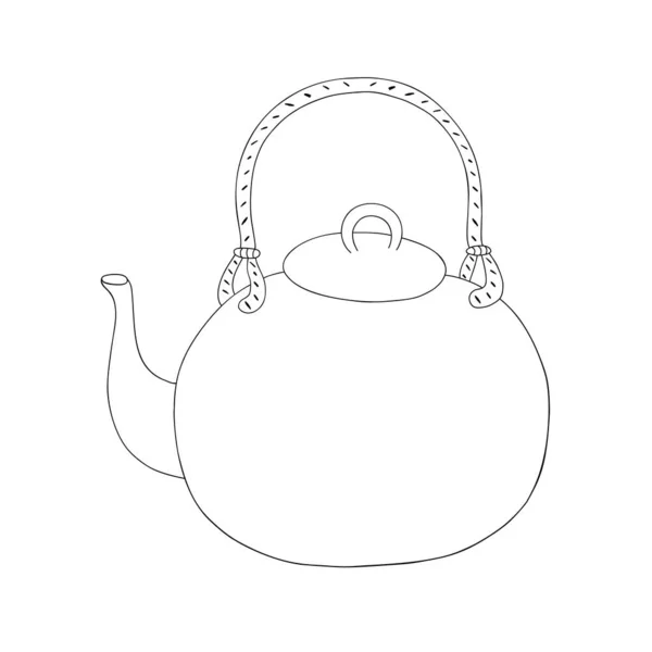 Teapot Oriental Style Simple Doodle Outline Vector Illustration Kitchen Utensil — Stock Vector