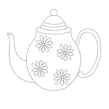 Çiçeklerle süslenmiş çaydanlık basit çizim vektör çizimi, sıcak içecekler için mutfak gereçleri çay, kahve, el yapımı tasarım elementi.