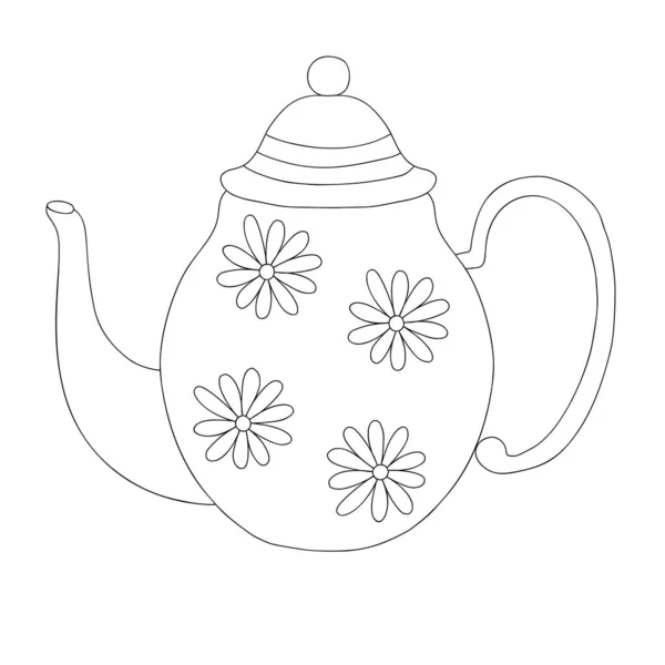 Theepot Versierd Met Bloemen Eenvoudige Doodle Omtrek Vector Illustratie Keukengerei — Stockvector