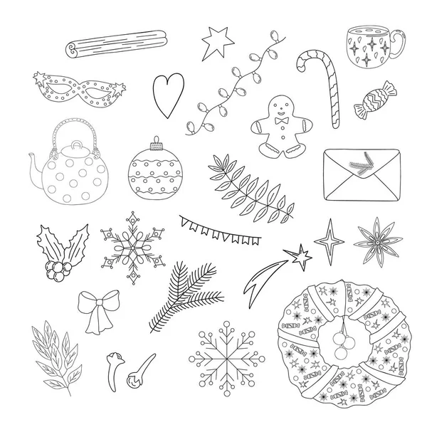 クリスマス要素は 冬の休日のグリーティングカード 招待状 バナー ステッカーのためのシンプルなドアスタイルで描かれたホリー植物 雪の結晶 ジンジャーブレッド モミの木 ガーランド 装飾手を設定します — ストックベクタ