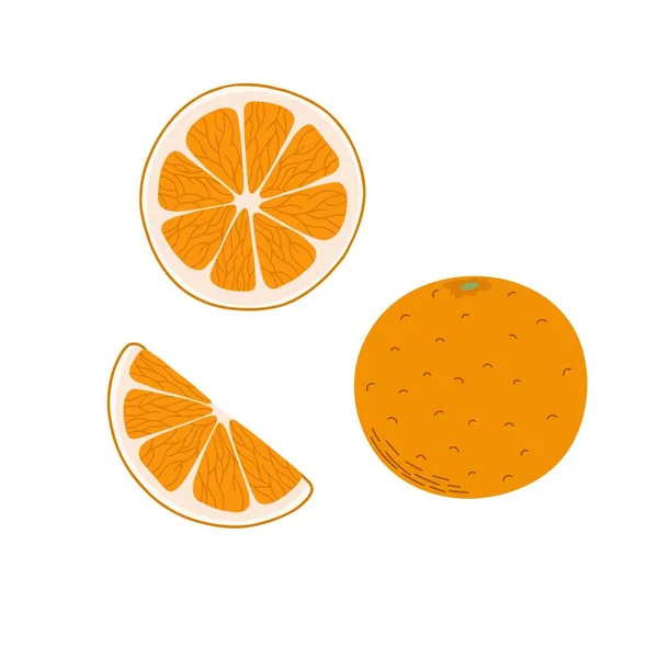 オレンジフルーツセット漫画フラットスタイルベクトルイラストフードコレクション 手描きの有機食品 スライスや柑橘類全体の要素 健康的なビタミンエキゾチックな果物 休日の時間新鮮なデザート — ストックベクタ