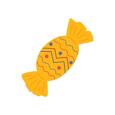 Süslü kağıda sarılı şekerleme basit bir çizgi film vektör çizimi, davetiyeler için bayram doğum günü kutlaması tasarımı unsuru, kartlar.