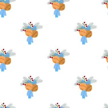 Noel çanı köknar ağacı dalları, yay desensiz vektör çizimi karalama düz stili Noel tatili dekoru, yeni yıl şenlikli el resmi tekstil için, hediye kağıdı