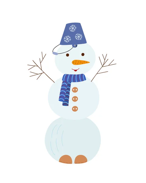 Snowman Bucket Carrot Nose Buttons Scarf Cute Cartoon Doodle Vector — Stock Vector