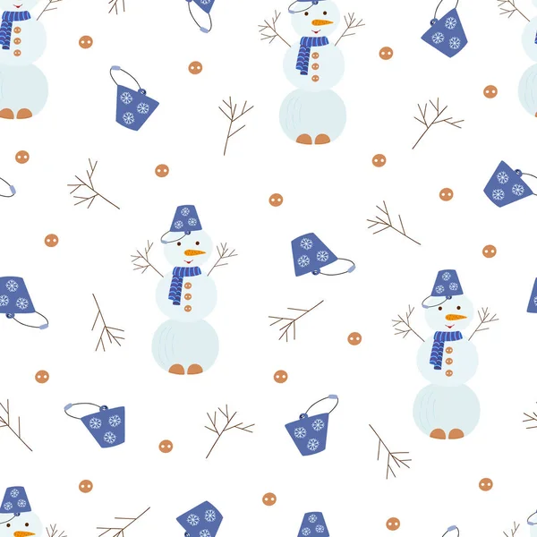 バケツ ニンジンの鼻 ボタン スカーフシームレスなパターン 子供のためのかわいい漫画のドアベクトルイラスト 面白い小さな男 冬の屋外活動 贈り物紙のための休日の時間の象徴 — ストックベクタ