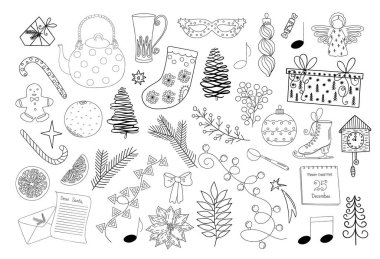 Noel unsurları, çaydanlık, patenler, çorap, hediye, Noel Baba 'ya mektup, zencefilli ekmek, köknar ağacı, çelenk, dekorasyon el çizimi karalama kış tatili tebrik kartı, davetiye, pankart, dekor