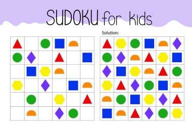 Sudoku educational game or leisure activity worksheet vector illustration, printable grid to fill in missing images, color geometry form topical vocabulary, puzzle with its solution, teacher resources
