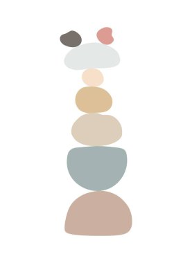 Zen taşları basit soyut düz stil illüstrasyon, rahatlama, meditasyon ve yoga konsepti, afişler, posterler, kartlar, baskılar, duvar resimleri yapmak için boho renkleri taş piramidi oluşturur.