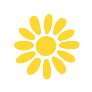 Yuvarlak şekilli basit sarı güneş vektörü düz çizimi orta, kart, dekor, tatil konsepti ve çocuklar için yaz tatili tasarımı için sevimli yaz resmi