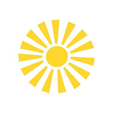 Yuvarlak şekilli basit sarı güneş vektörü düz çizimi orta, kart, dekor, tatil konsepti ve çocuklar için yaz tatili tasarımı için sevimli yaz resmi