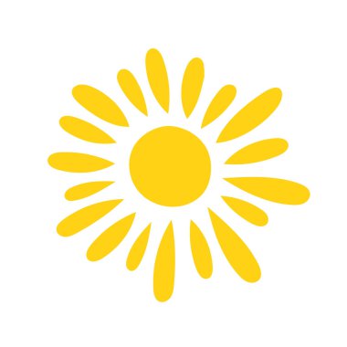 Yuvarlak şekilli basit sarı güneş vektörü düz çizimi orta, kart, dekor, tatil konsepti ve çocuklar için yaz tatili tasarımı için sevimli yaz resmi